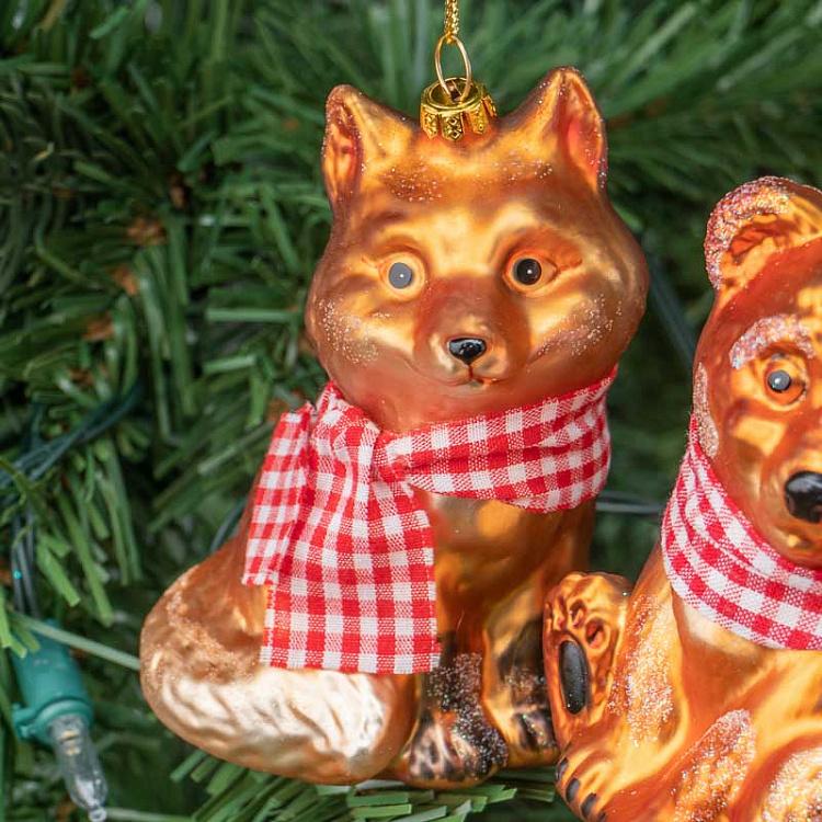 Набор из двух ёлочных игрушек Медведь и лиса в шарфе тартан Set Of 2 Glass Tartan Scarf Bear And Fox Brown 10 cm