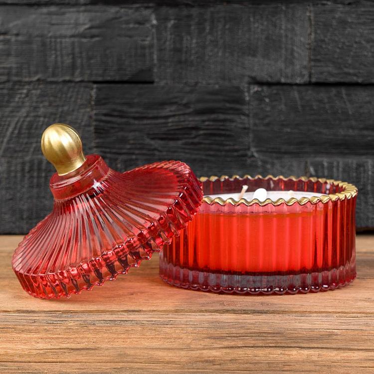 Аромасвеча в красном рифлёном стакане Фиолетоволистная роза, S Aroma Candle In Red Striped Glass Berry Rose Small