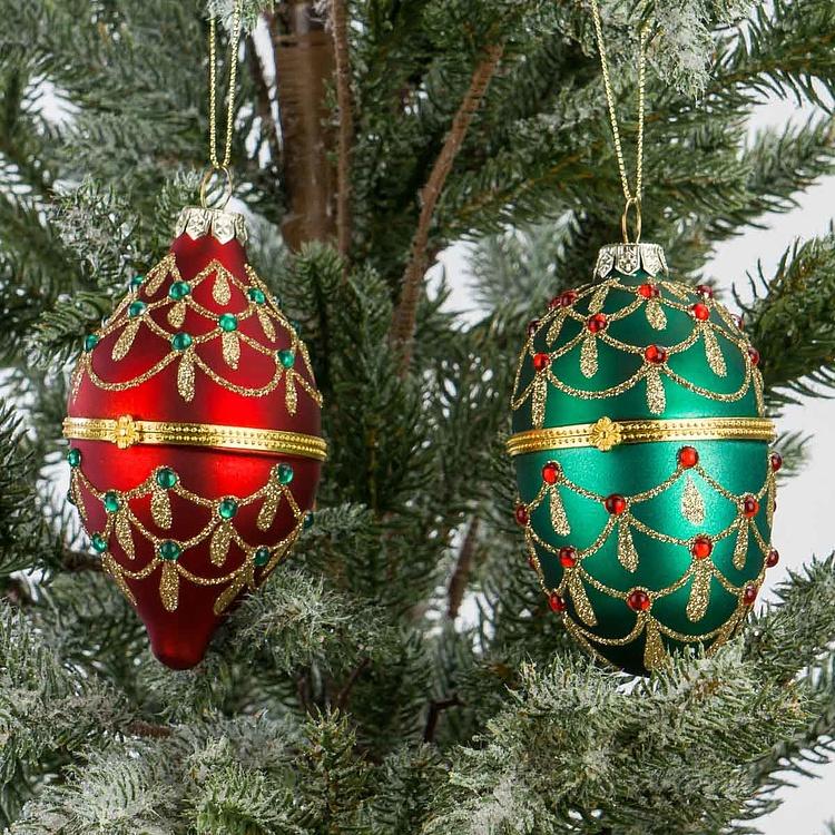 Набор из двух ёлочных игрушек-шкатулок красной и зелёной Set Of 2 Xmas Egg Boxes Jewel Red Green 11 cm