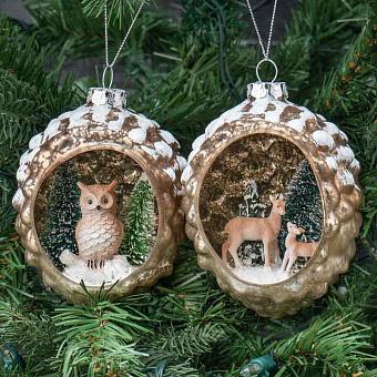 Set Of 2 Glass Deer And Owl In Open Pinecones Brown 10 cm
