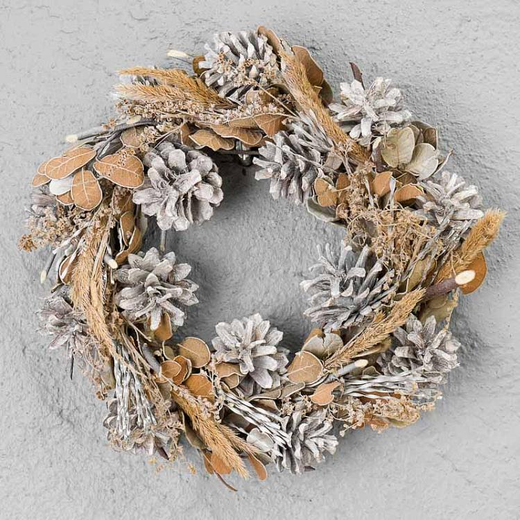 Новогодний венок из сухих листьев и трав с шишками Dried Leaves And Grasses Cone Wreath 30 cm
