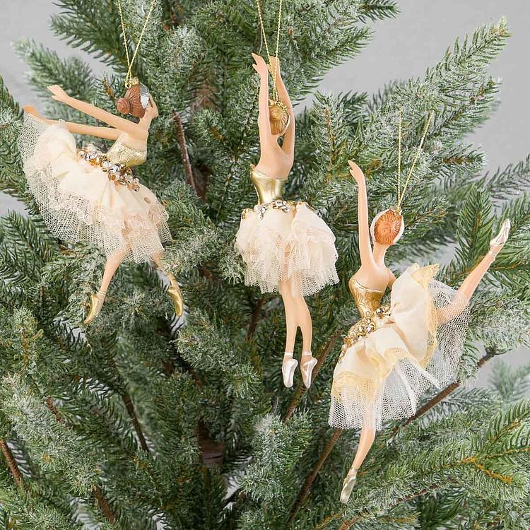 Набор из трёх ёлочных игрушек Балерины в платьях с жемчугом Set Of 3 Fabric Pearl Ballerinas White Gold 19 cm