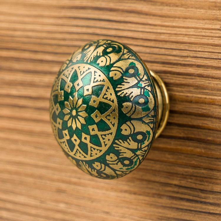 Мебельная ручка из латуни с травлением Рыбки, изумрудная Fish Motif Etched Brass Knob Turquoise