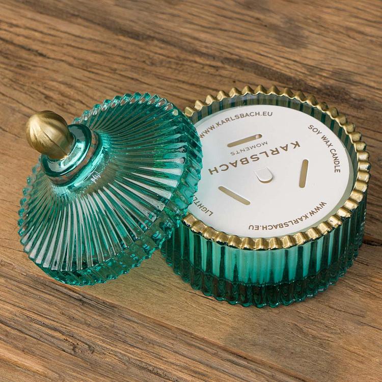 Аромасвеча в мятном рифлёном стакане Белый жасмин, S Aroma Candle In Mint Striped Glass White Jasmine Small