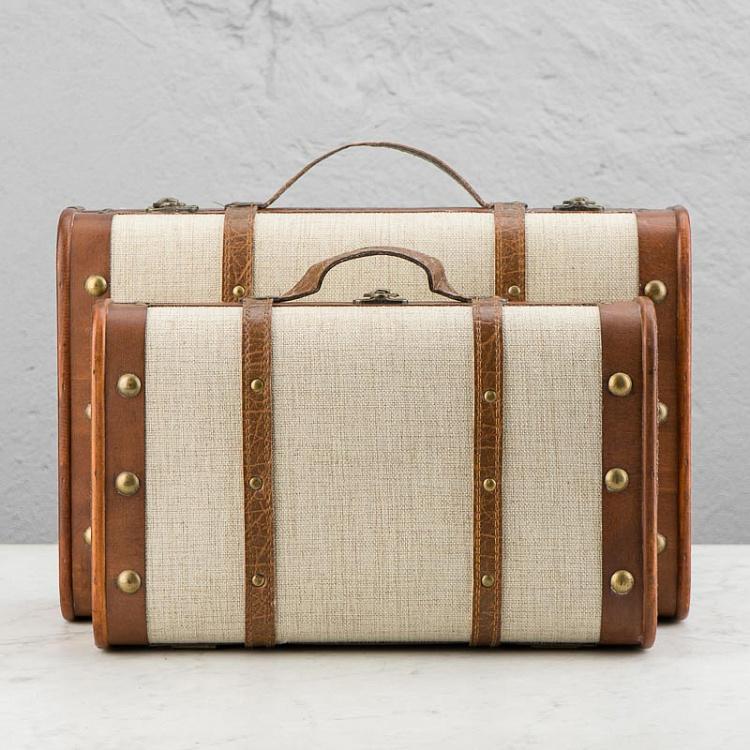 Набор из двух бежевых декоративных чемоданов Set Of 2 Wood Fabric Suitcase Boxes Cream