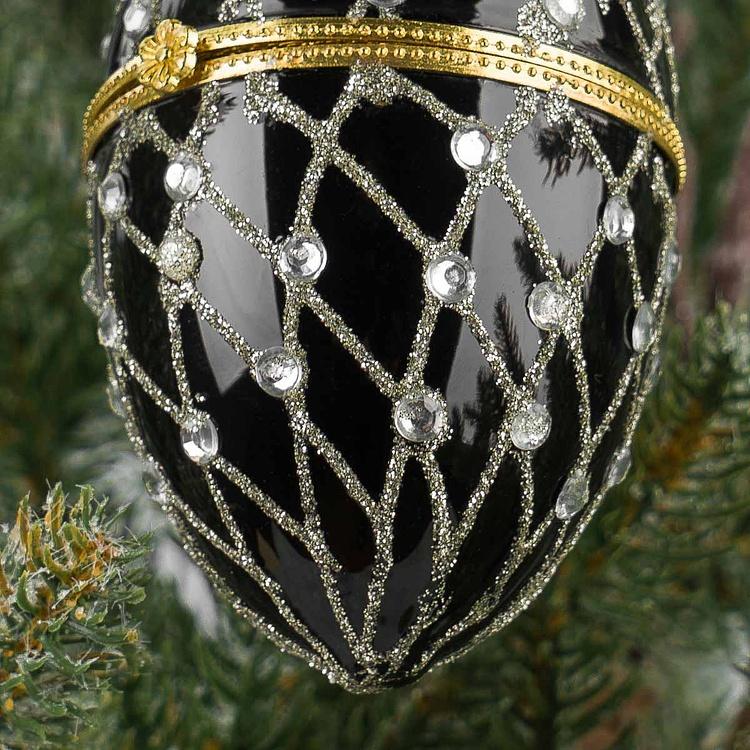 Ёлочная игрушка-шкатулка Чёрное яйцо с серебряным сеточным узором Xmas Egg Box Jewel Net Black Silver 9 cm