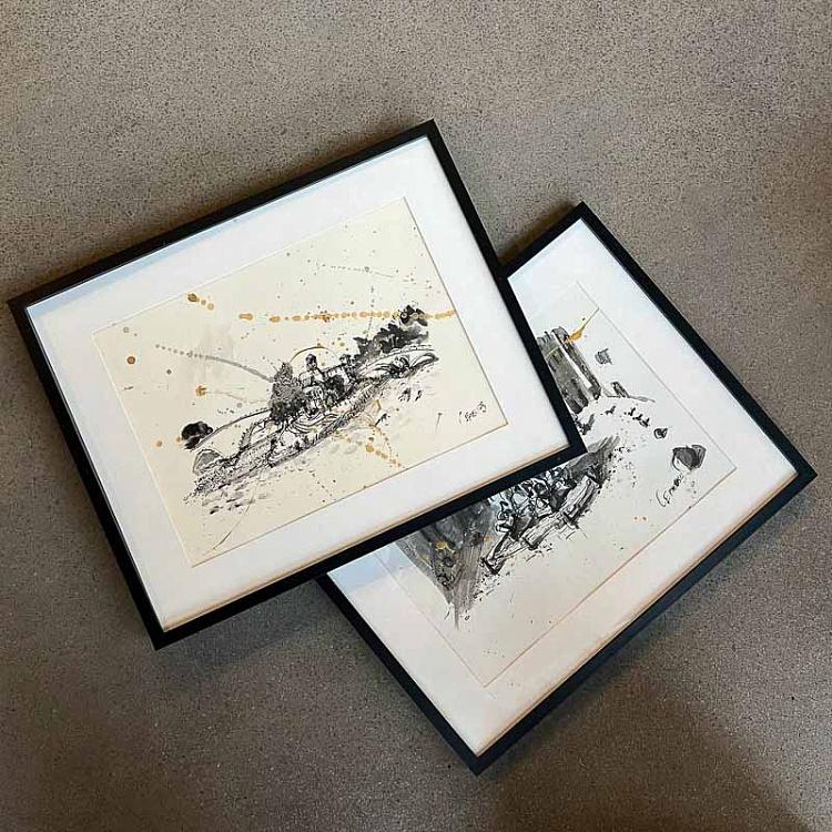 Рисунок тушью с золотом Остров Тиберина Isola Tiberina Drawing With Gold