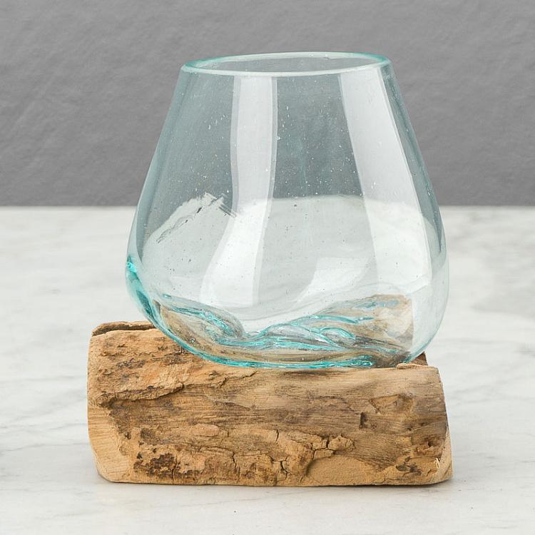 Стеклянная мини-ваза на основании из корней тика Vase En Verre Sur Support Racine