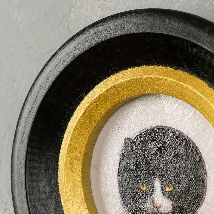 Картина в круглой раме Чёрно-белый кот Black And White Cat Painting In Round Frame