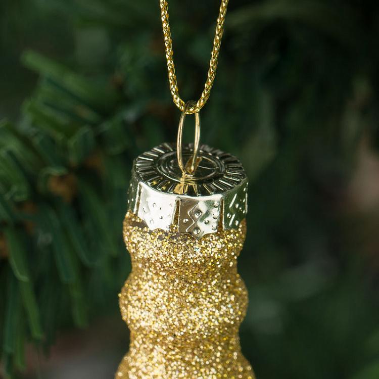 Ёлочная игрушка с бисером Бутылка шампанского Glass Beaded Champagne Bottle Gold 12,5 cm