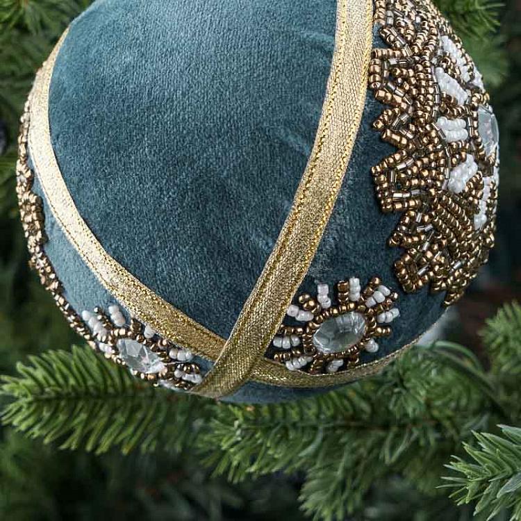 Ёлочная игрушка Синий шар с золотой вышивкой бисером Gold Beaded Ornament Ball Blue 10 cm