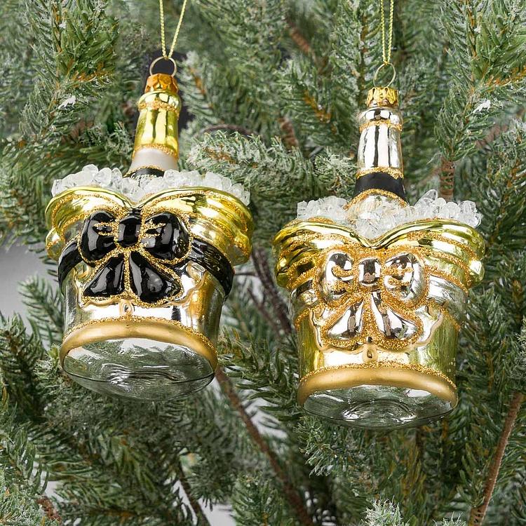 Набор из двух ёлочных игрушек Бутылки шампанского в вёдрах для льда Set Of 2 Glass Champagne Bottles In Buckets Gold 13 cm