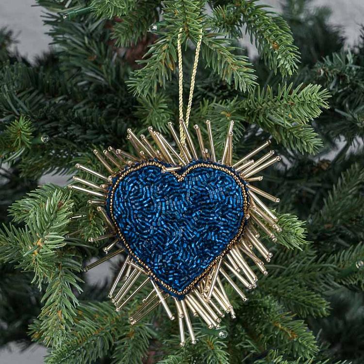 Ёлочная игрушка Синее сердце с вышивкой бисером Bead Embroidery Heart Blue 13 cm