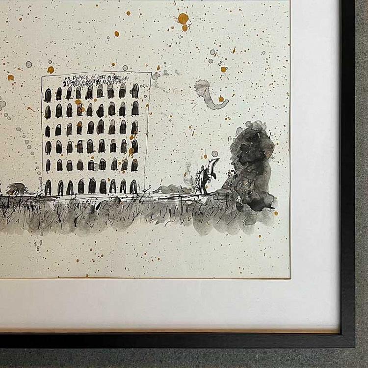 Рисунок тушью с золотом Дворец Итальянской Цивилизации Palazzo Della Civilta Italiana Drawing With Gold