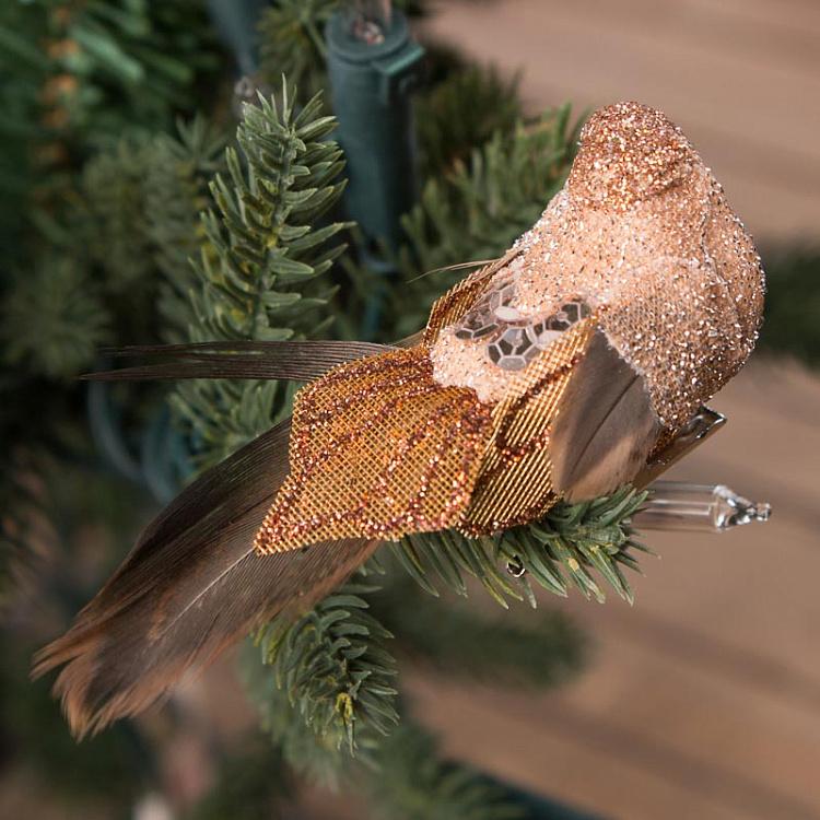 Набор из трёх ёлочных игрушек Блестящие птички на прищепке Set Of 3 Glitter Birds On Clip Pink/Brown 9 cm