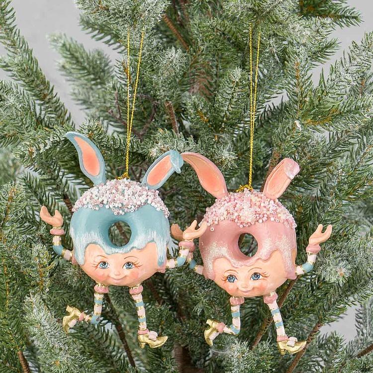 Набор из двух ёлочных игрушек Кролики-пончики Set Of 2 Candy Rabbit Donuts Blue Pink 14,5 cm