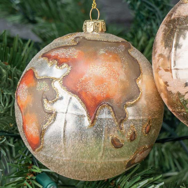 Набор из двух ёлочных игрушек Земной шар Set Of 2 Glass World Globe Ball Gold/Cream 10 cm