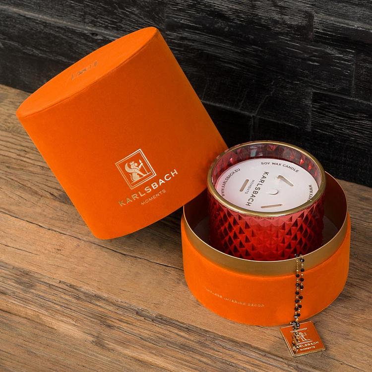 Аромасвеча в красном фасетном стакане Фиолетоволистная роза, L Aroma Candle In Red Faceted Glass Berry Rose Large