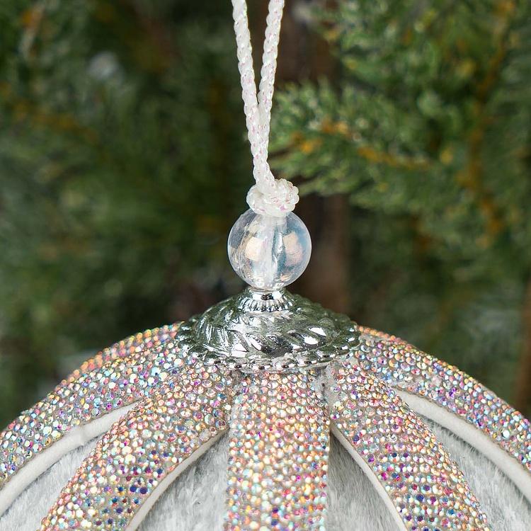 Ёлочная игрушка Серебряный шар с полосами из страз Silver Rhinestones Velvet Ball Blue 10 cm