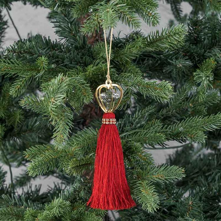 Новогодняя подвеска Хрустальный кулон в форме сердца с красной кисточкой Crystal Heart-Shaped Pendant With Tassel Red 16 cm