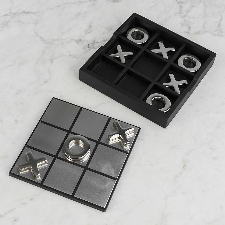 Настольная игра Металлические крестики-нолики в деревянной шкатулке Tic Tac Toe Box Shiny Steel