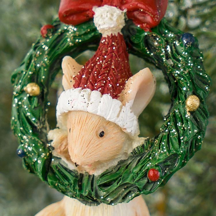Ёлочная игрушка Мышка в Рождественском венке Xmas Mouse Hanging In Wreath 6 cm
