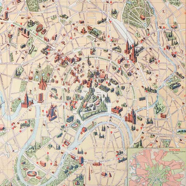 Картина-принт Карта Москвы, рама из высветленного дуба Classic Map Moscow, Weathered Oak