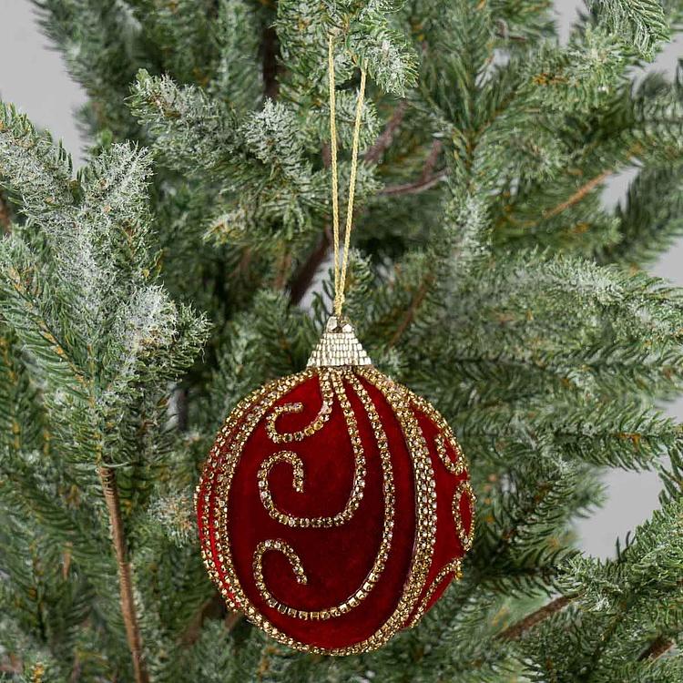 Ёлочная игрушка Красный бархатный шар с узором из страз Rhinestone Pattern Velvet Ball Red 10 cm