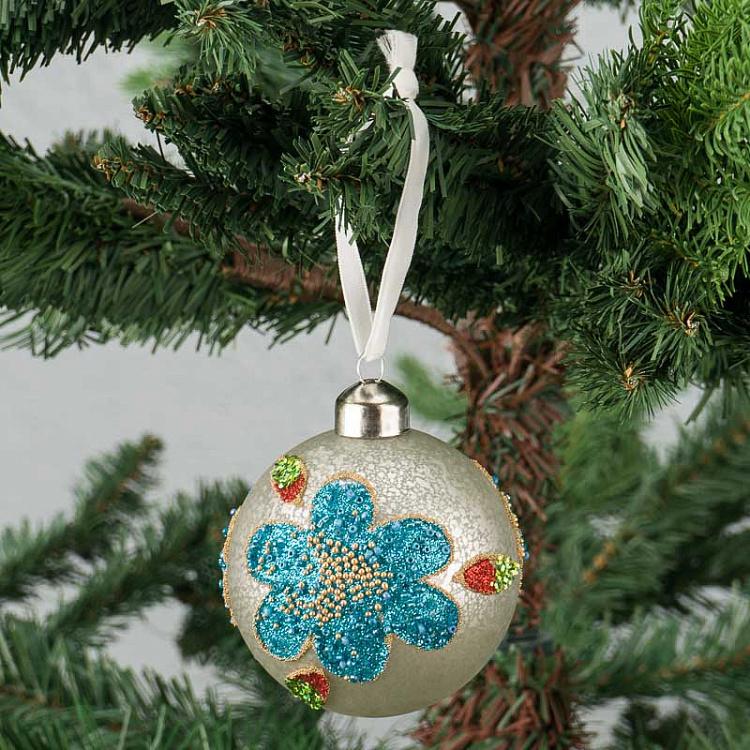 Ёлочная игрушка Бежевый шар с цветком Ball With Flower Champagne 8 cm