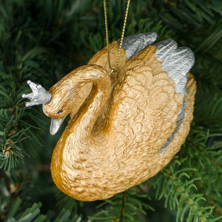 Ёлочная игрушка Лебедь с короной Metall Swan With Crown Champagne 9,5 cm