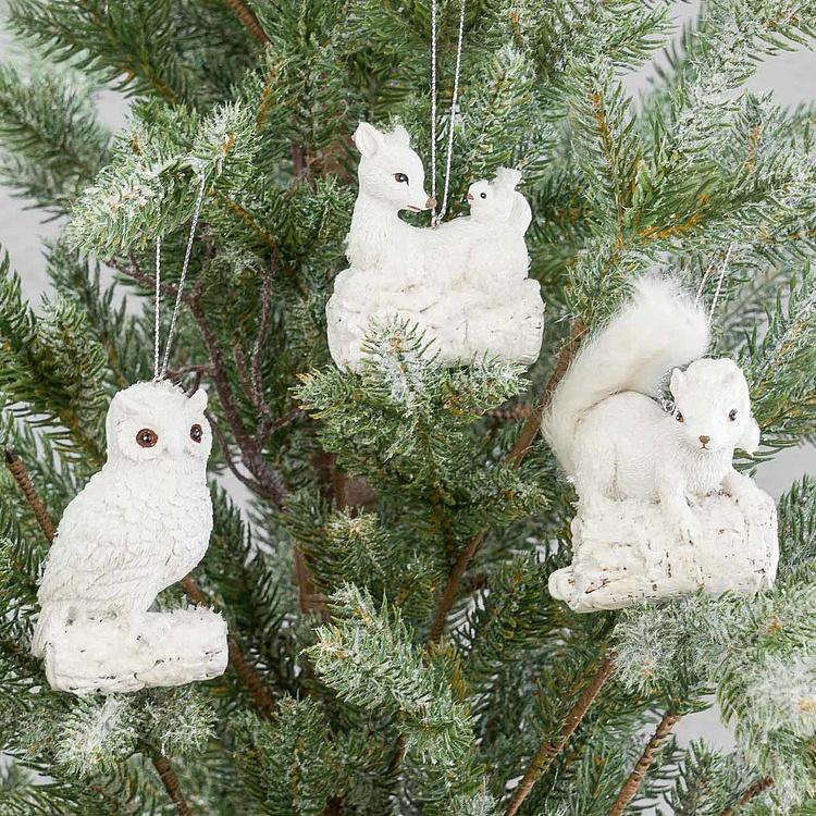 Набор из трёх ёлочных игрушек Олень, сова, белка Set Of 3 Snow Furry Deer Owl Squirrel White 12 cm