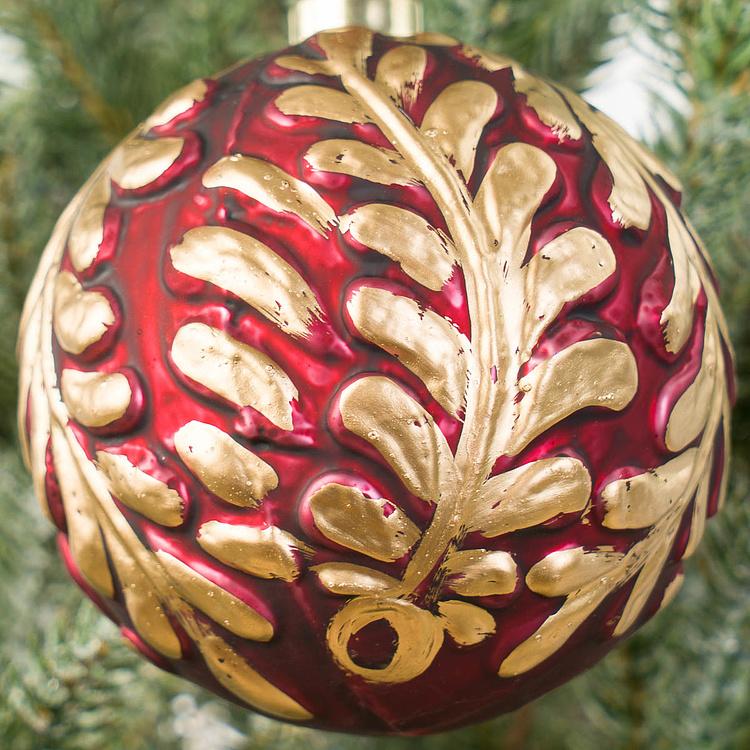 Ёлочная игрушка Красный шар с золотистым лиственным узором Gold Leaves Ball Red 10 cm