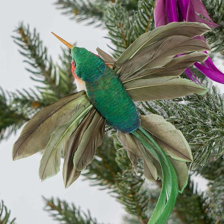 Набор из двух ёлочных игрушек на клипсе Колибри зелёная и фиолетовая Set Of 2 Plume Fly Hummingbirds On Clip Green Purple 18 cm