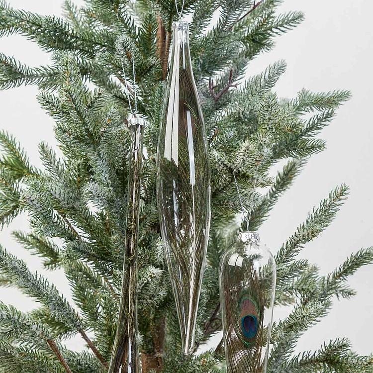 Набор из трёх ёлочных игрушек с пером павлина внутри Set Of 3 Glass Peacock Plume Icicle Drop 30 cm