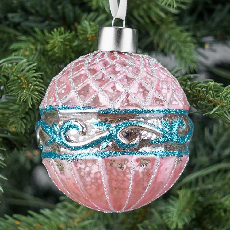 Ёлочная игрушка Розовый шар с голубым узором Blue Pattern Ball Pink 8 cm
