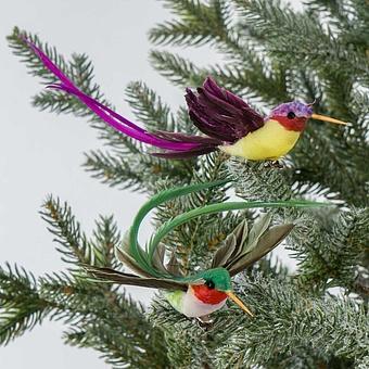 Set Of 2 Plume Fly Hummingbirds On Clip Green Purple 18 cm