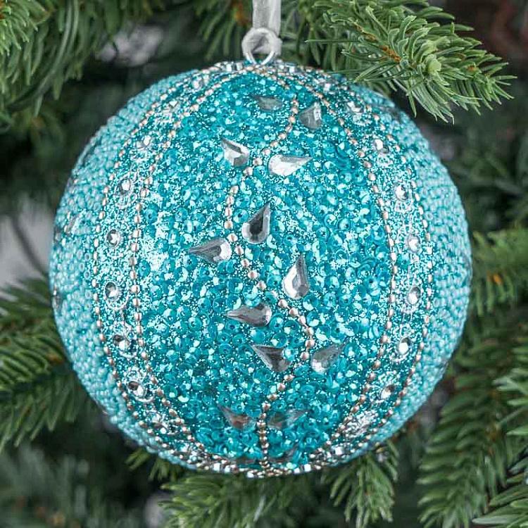 Ёлочная игрушка Голубой шар с орнаментом из бисера Bead Ornament Ball Blue 9 cm