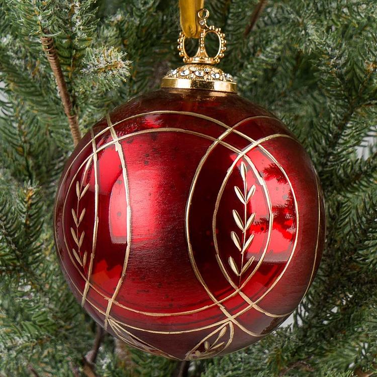 Ёлочная игрушка Красный шар с золотым орнаментом, L Modern Pattern Aged Ball Red 12 cm