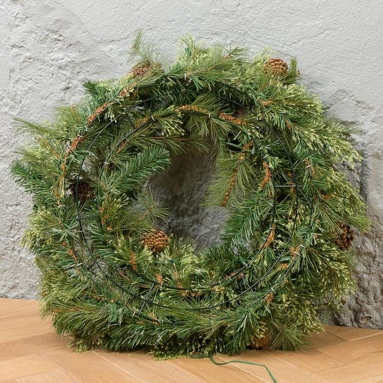 Новогодний венок с шишками и гирляндой 100 Led Pinecone Wreath Green 76 cm