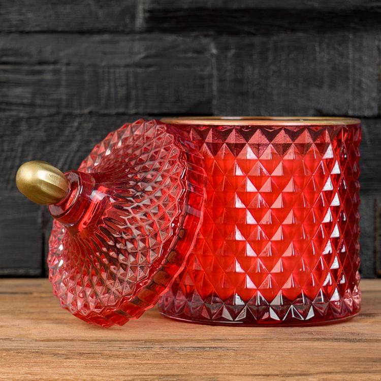Аромасвеча в красном фасетном стакане Фиолетоволистная роза, L Aroma Candle In Red Faceted Glass Berry Rose Large