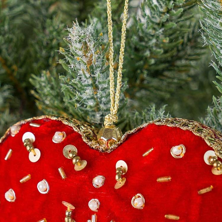 Ёлочная игрушка Красное бархатное сердце со стразами Rhinestone Pattern Velvet Heart Red 12 cm