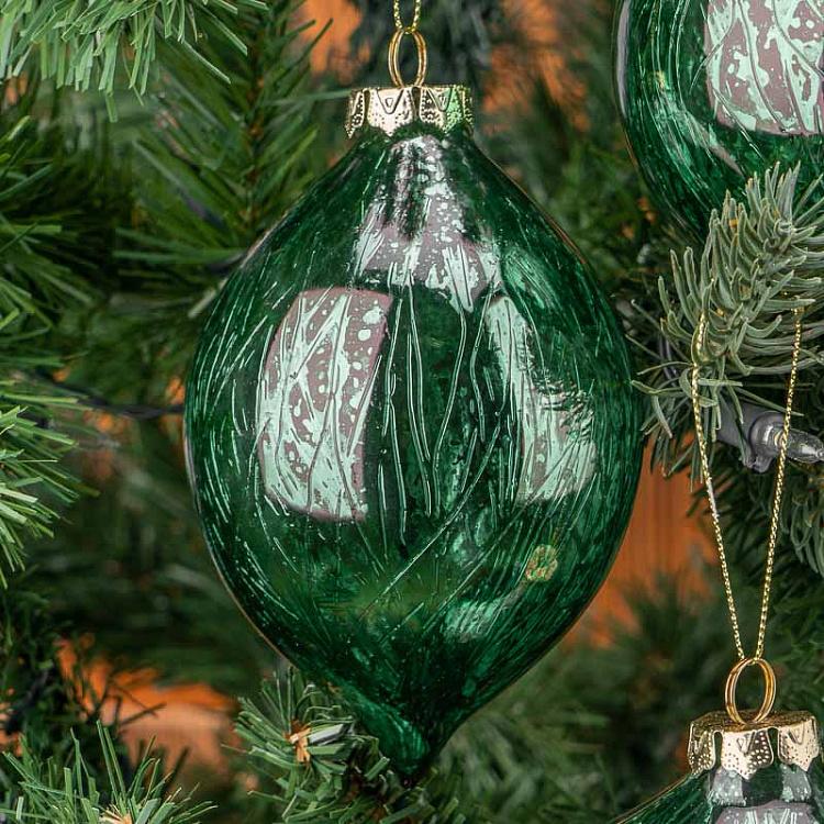Набор из трёх зелёных металлизированных елочных шаров Скреч Set Of 3 Glass Metal Scratched Balls Green 10 cm