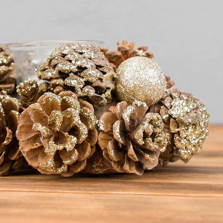 Подсвечник на три свечи с золотыми шишками 3 Votives Holder With Pinecones Gold