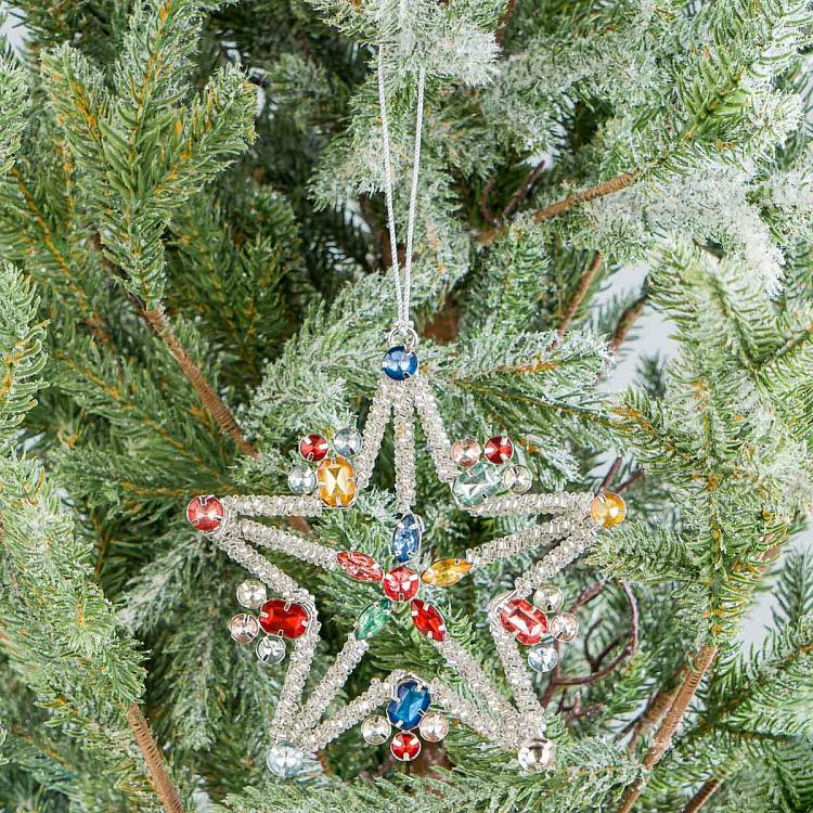 Ёлочная игрушка Серебристая снежинка с разноцветными стразами Multicolored Snowflake 13 cm