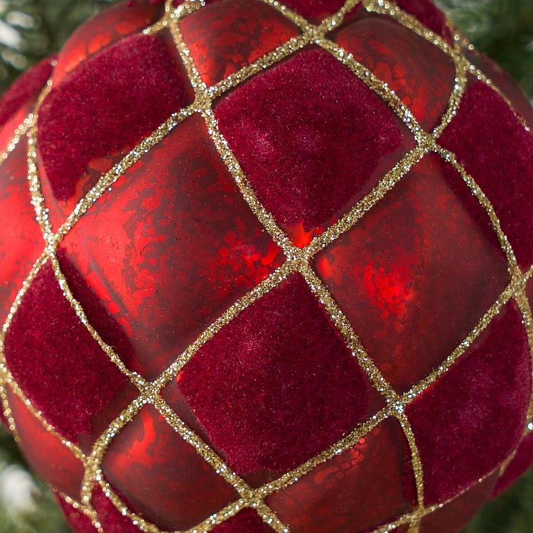 Ёлочная игрушка Бордовый шар с бархатными клетками Velvet Ball Burgundy 10 cm