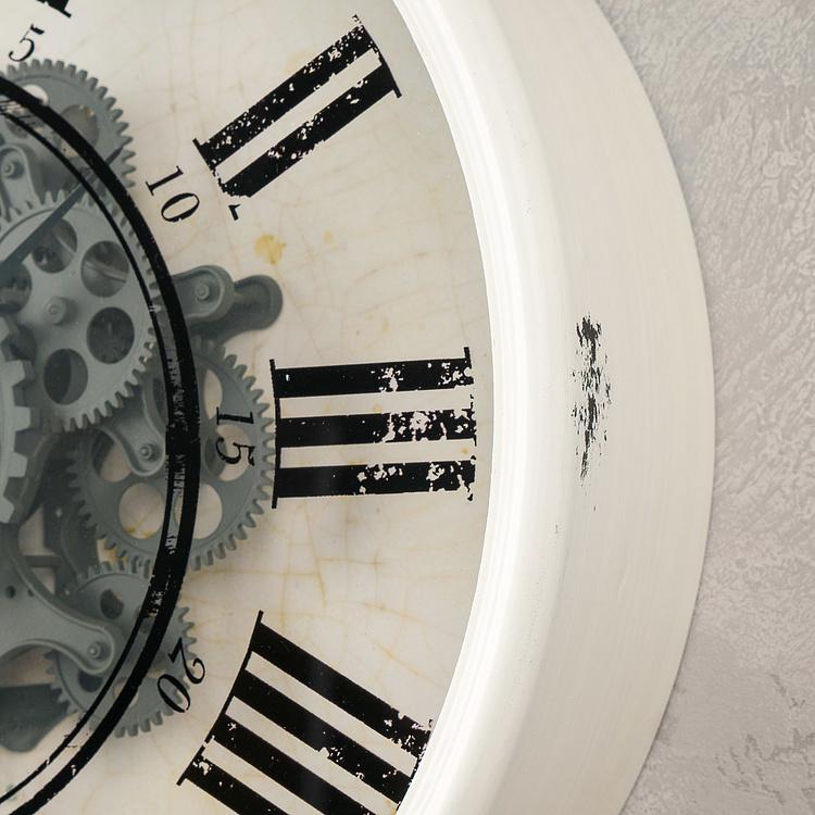 Настенные белые часы с кракелюром и шестерёнками Vintage White Craquelure Wall Clock With Gears