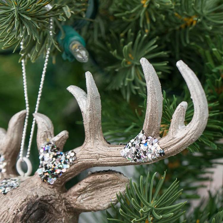 Ёлочная игрушка Голова оленя цвета шампань в блёстках Hanger Deer Head Champagne With Glitter 16 cm