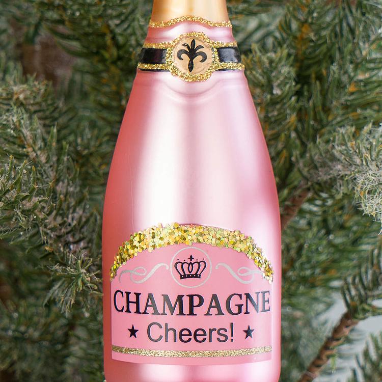 Набор из двух ёлочных игрушек Бутылки шампанского чёрная и розовая Set Of 2 Glass Champagne Bottles Black Pink 16 cm