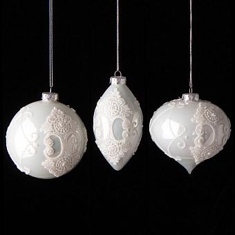 Set Of 3 Glass Lace And Pearl Crest Ball White 10 cm