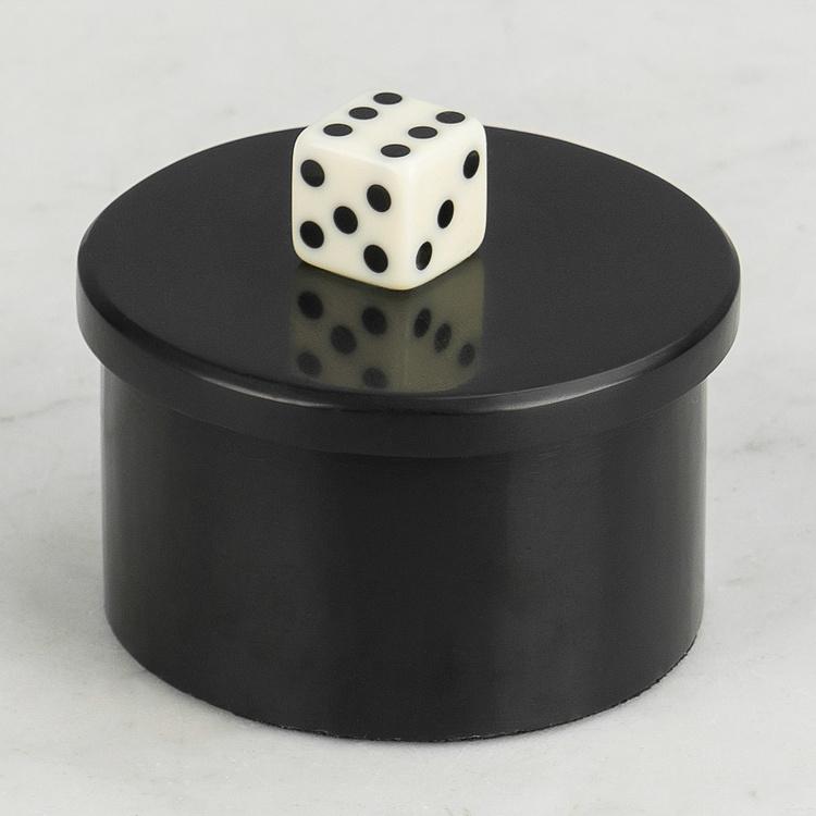 Белые игральные кости в чёрной круглой шкатулке  Black Dice Box With 6 Dices